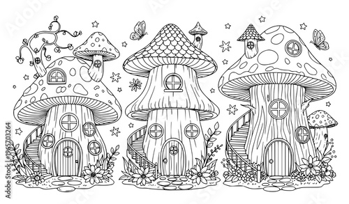 Magical fairy houses coloring page with whimsical mushroom homes and enchanted forest details for kids and adults