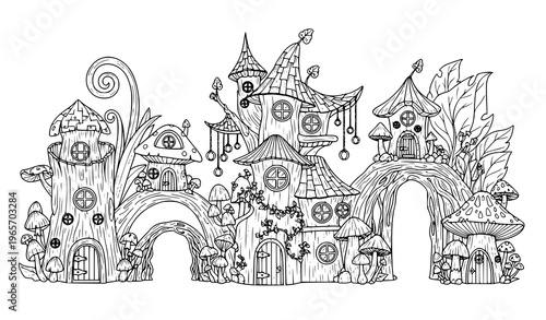 Enchanted fairy house coloring page with detailed fantasy architecture and magical garden elements