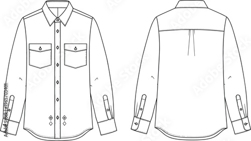 Technical Fashion Sketch of Men Long Sleeve Button Down Shirt Featuring Front and Back Views With Two Chest Pockets