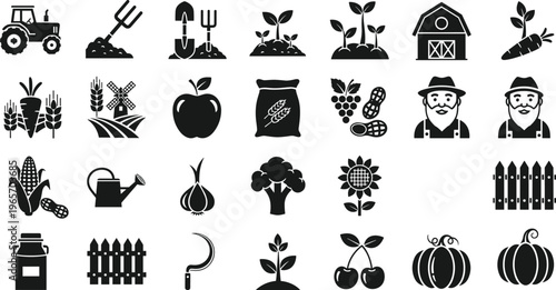 Vector illustration of agriculture icons—farm tools, crops, produce, farmers, equipment, and rural lifestyle symbols for farming and food production reference