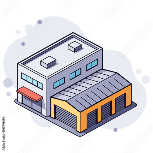 Small industrial warehouse building shown in isometric view. non editable strokes