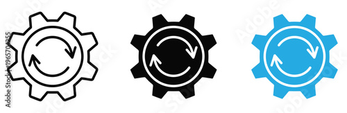 Gear icons with circular arrows in black and blue on white background for settings and process concepts