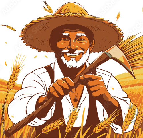 Farmer harvesting golden wheat with sickle, warm color palette, sticker design 1