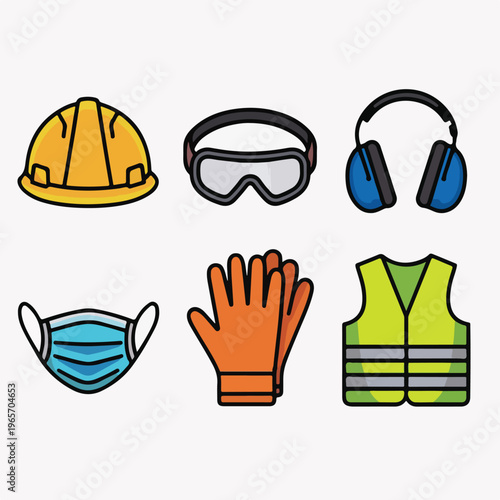 Safety PPE Icon Set (Helmet, Goggles, Ear Protection, Face Mask, Gloves, Reflective Vest) – Vector Flat