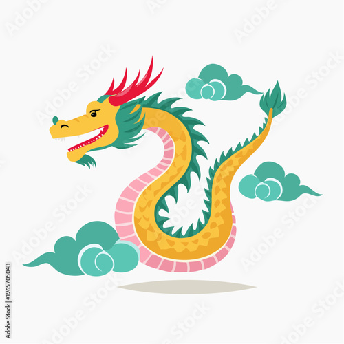 雲ととぐろを巻く和風の龍のフラットデザインアイコン