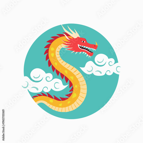 雲ととぐろを巻く和風の龍のフラットデザインアイコン