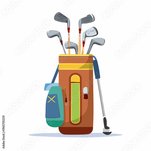 クラブが入ったゴルフバッグのフラットデザインアイコン