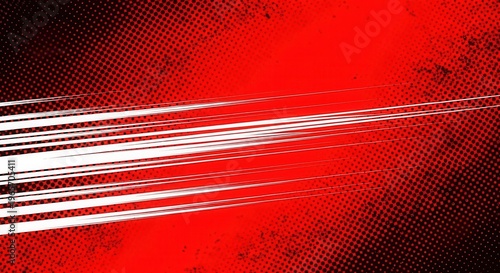 Comic book style action background with dynamic white speed lines on red and black halftone texture. Superhero manga style zoom effect for motion, power and fast energy concept.