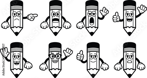 Collection of Cute Cartoon Pencil Characters with Different Expressions and Poses