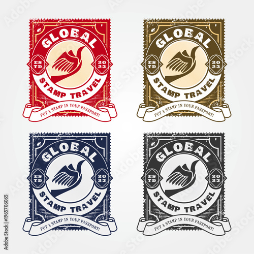 Editable creative travel logo template in a stamp shaped emblem
