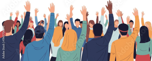 Sharing feedback, opinion concept. Public forum, social discussion in people group, community. Raised hands crowd, society voices, reviews. Flat vector illustration isolated on white background