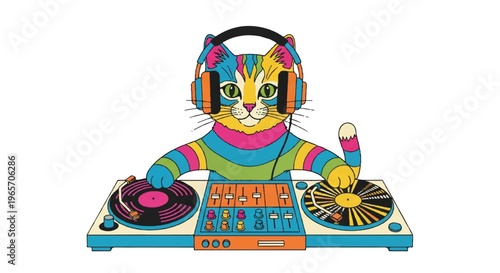 Cartoon cat dj mixing music on turntables