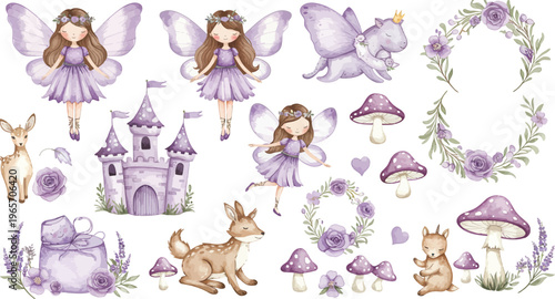 A funny cartoon fairy tale princess and an angel kid in a pink summer flower pattern vector illustration set for a joy fashion holiday art design