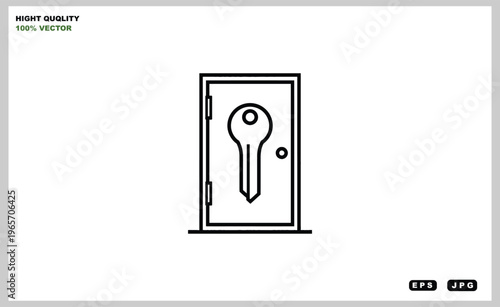 A simple line drawing of a door with a key in the lock on a white background