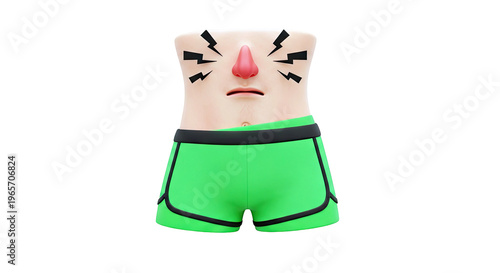 3D Cartoon Character with Green Shorts and Painful Expression