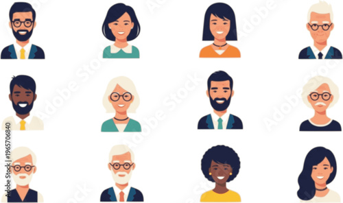 Set of colored abstract avatars, head portraits of diverse people. Happy smiling faces of men and women characters, modern drawn user profiles. Flat vector illustration isolated on white background