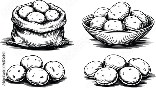 Black and white of potatoes in a burlap sack, a bowl, and scattered on a surface