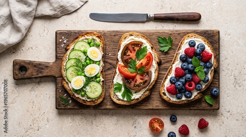 Delicious and Colorful Gourmet Toast Varieties on Wooden Board with Knife.