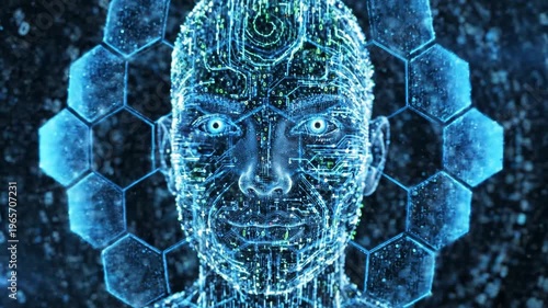 A futuristic digital human face with circuits and wires emerges from a honeycomb pattern in a dark blue technological environment.