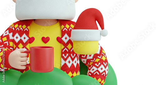 3D Character in Festive Sweater and Santa Hat Holding a Mug