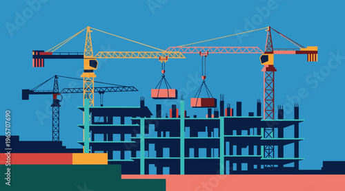 Construction cranes lifting materials on building site