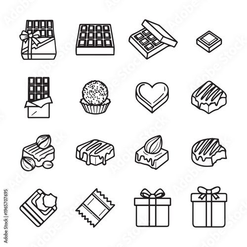 Assortment of Chocolate Confections and Gifts Hand-Drawn Icons Sweet Delicacies Collection