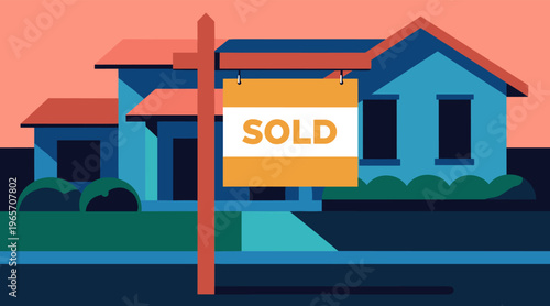 House displaying sold sign in suburban front yard scene