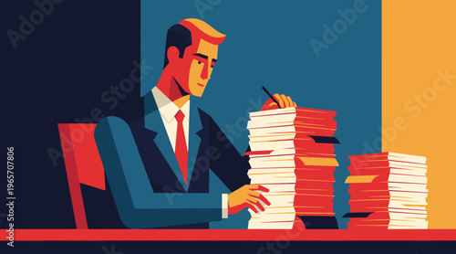Businessman sorting paperwork under deadline at office desk