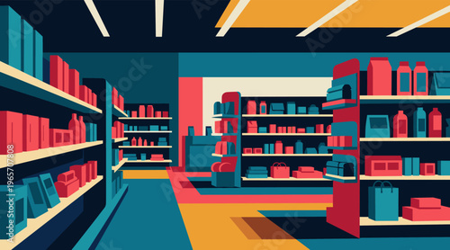 Retail store interior with stocked shelves and aisle perspective