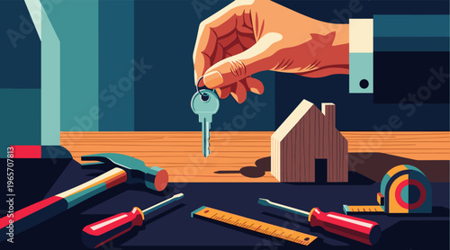 Hand holding key over house model with tools on workbench