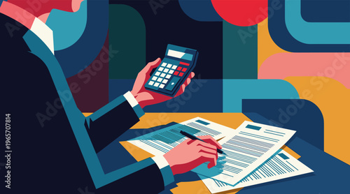 Business person calculating and signing forms at desk