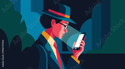 Person in fedora checking smartphone outdoors at night in city