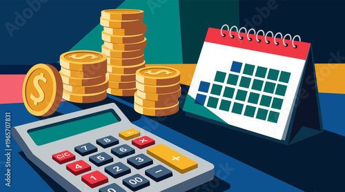 Calculator and coin stacks beside calendar indicating payment schedule