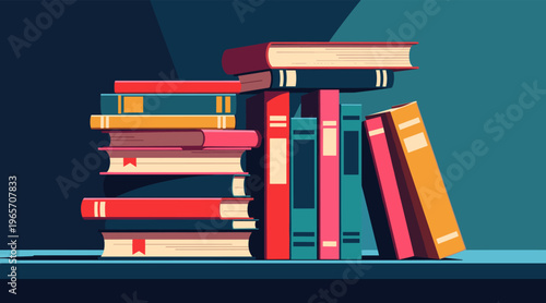 Books arranged standing and stacked on tabletop shelf