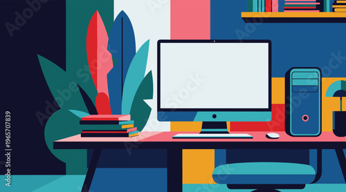 Desktop computer setup on colorful home office desk with plant