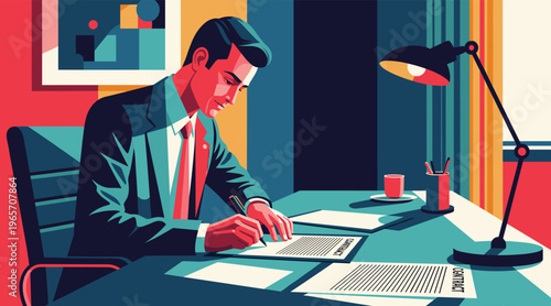 Businessman signing contract at modern office desk