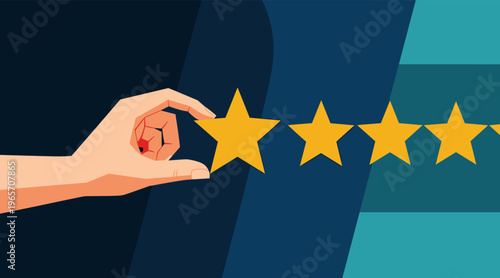 Hand placing golden star on five star rating scale background