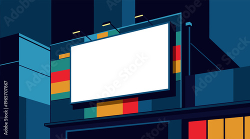 Blank billboard mounted above building in urban night