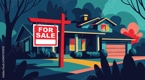 House with for sale sign in suburban yard with driveway at dusk