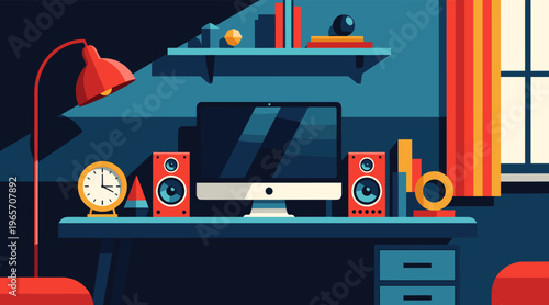 Desktop workstation with monitor and speakers in home office