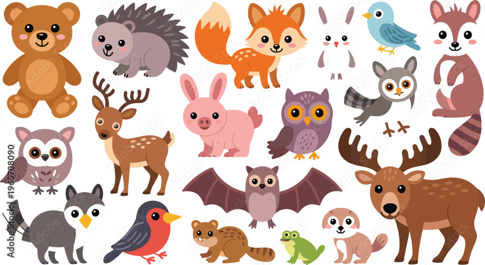 Obraz premium Collection of Cute Forest Animals - Bear, Rabbit, Fox, Owl, Deer, Bat, and More in Kawaii Style