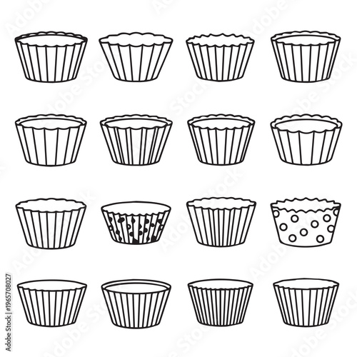 Assorted Baking Cups Lined Up Detailed Illustrations Isolated on White Minimalist Style