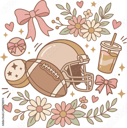 Cute Football Floral Aesthetic Design with Helmet Bow Flowers and Coffee