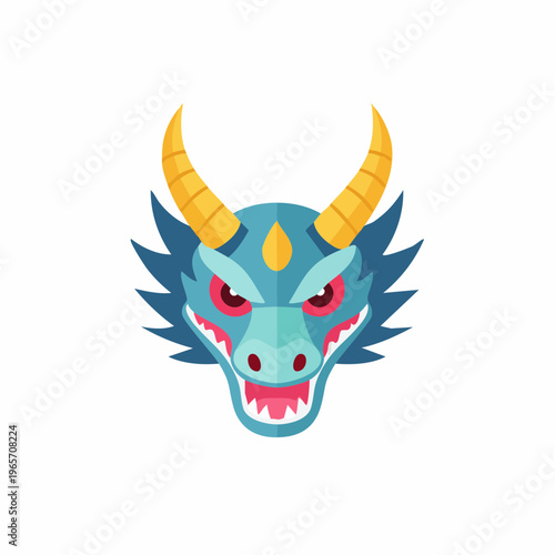 鋭い角を持つ和風の龍の顔のフラットデザインアイコン