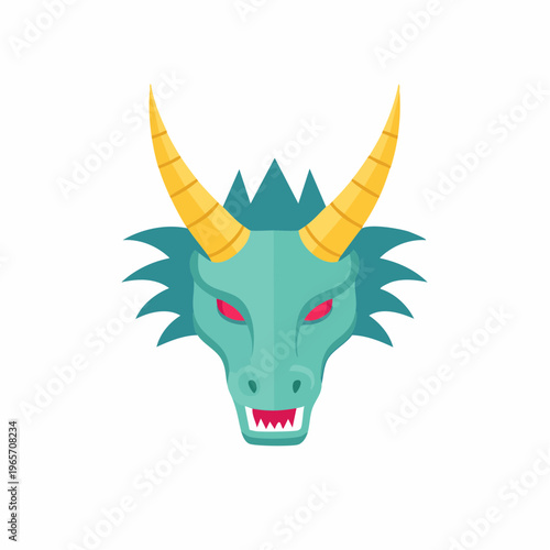 鋭い角を持つ和風の龍の顔のフラットデザインアイコン