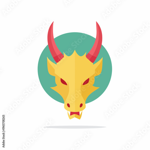 鋭い角を持つ和風の龍の顔のフラットデザインアイコン