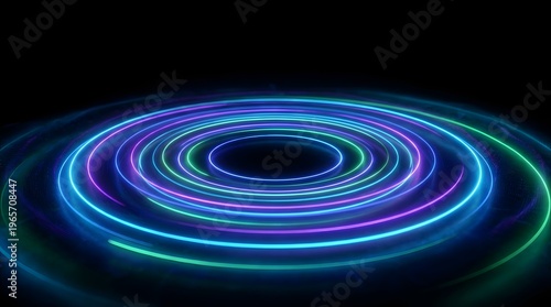 Abstract swirling vortex of vibrant neon light trails in blue purple and green against a dark background