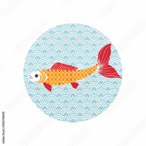 青海波紋様と鯉のフラットデザインアイコン