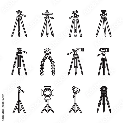 Assorted Camera Tripod Mounts and Lighting Stands Collection Line Art Icons Isolated