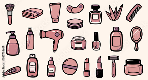 Set of beauty and skincare icons with makeup tools and cosmetics